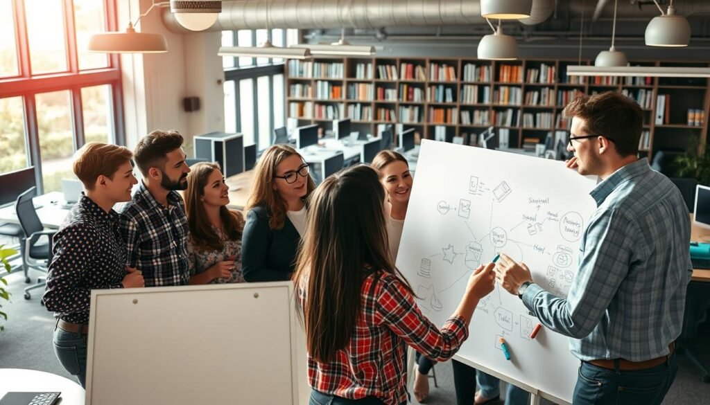 A bustling office setting with a team of creatively dressed professionals engaged in a lively brainstorming session. In the foreground, a group gathers around a large whiteboard, sketching out ideas and connecting them with colorful markers. Focused expressions and gestures suggest an atmosphere of intense problem-solving. In the middle ground, a well-stocked resource library and ergonomic workstations hint at a progressive, innovation-driven company culture. The background is bathed in warm, natural light streaming through expansive windows, creating a sense of openness and collaboration. The overall scene conveys a vibrant, dynamic environment where creative problem-solving is celebrated and empowered.