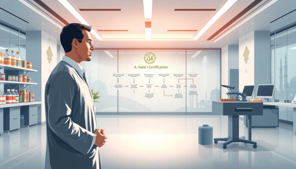 A detailed, technical illustration depicting the operational flow of halal product examination and certification. The foreground shows a central figure representing the certifying authority, flanked by product samples and laboratory equipment. The middle ground features a step-by-step process diagram, while the background showcases a serene, modern office environment with subtle religious motifs. Bright, directional lighting emphasizes the technical precision of the scene, captured with a sharp, wide-angle lens to convey a sense of comprehensive oversight. The overall mood is one of professionalism, diligence, and regulatory rigor, befitting the importance of the halal certification process.