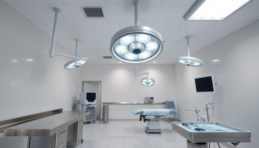 A pristine, well-lit operating room with sleek, modern medical equipment. Gleaming stainless steel countertops, surgical lamps suspended from the ceiling, and a tiled floor reflecting the bright illumination. Antiseptic white walls create a calm, sterile atmosphere, emphasizing the importance of hygiene. Surgical instruments neatly arranged on trays, ready for use by skilled medical professionals. The room exudes an air of precision, efficiency, and unwavering commitment to patient safety - the quintessential environment for cutting-edge medical procedures and real-time data integration.