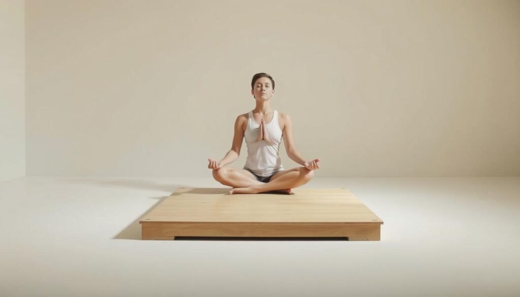 A serene, minimalist composition depicting the "box breathing" technique. In the center, a person sits cross-legged on a simple, wooden platform, their eyes gently closed as they focus on their breath. The background is a soothing, neutral-toned environment, with soft, diffused lighting illuminating the scene. The subject's posture and facial expression convey a sense of calm and concentration, reflecting the meditative nature of the practice. The overall atmosphere is one of tranquility and mindfulness, inviting the viewer to pause and connect with their own breathing rhythm.