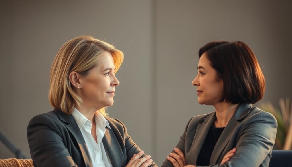 A tranquil scene of two professionals engaged in a thoughtful discussion, their body language conveying empathy and understanding. In the foreground, warm lighting highlights their faces, capturing the emotional intelligence that guides their interaction. The background is blurred, with muted tones suggesting a professional setting, allowing the human connection to take center stage. The composition evokes a sense of harmony, reflecting the ability to manage conflicts and build meaningful relationships.