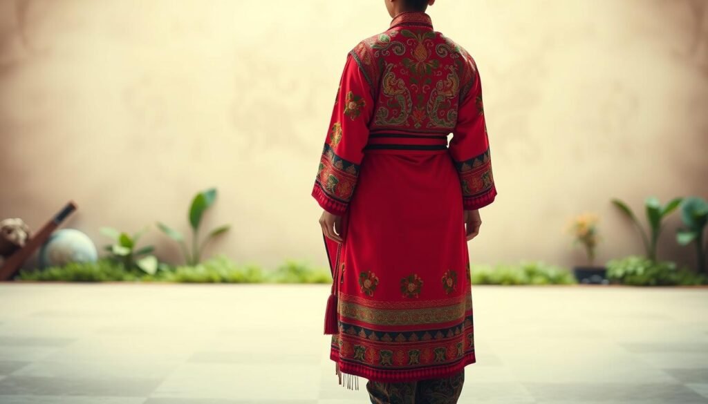 A vibrant and authentic traditional Indonesian costume, known as "baju adat," stands gracefully in the foreground. The intricate embroidery and vibrant colors of the garment capture the rich cultural heritage of the region. The middle ground features a well-lit, minimalist setting, allowing the costume to be the focal point. The background subtly suggests a natural setting, with hints of lush greenery or a neutral backdrop, creating a sense of timelessness and authenticity. The lighting is soft and flattering, highlighting the intricate details and vibrant hues of the traditional outfit. The overall composition conveys a sense of cultural pride and celebrates the beauty of Indonesia's diverse sartorial traditions. A vibrant and authentic traditional Indonesian costume, known as "baju adat," stands gracefully in the foreground. The intricate embroidery and vibrant colors of the garment capture the rich cultural heritage of the region. The middle ground features a well-lit, minimalist setting, allowing the costume to be the focal point. The background subtly suggests a natural setting, with hints of lush greenery or a neutral backdrop, creating a sense of timelessness and authenticity. The lighting is soft and flattering, highlighting the intricate details and vibrant hues of the traditional outfit. The overall composition conveys a sense of cultural pride and celebrates the beauty of Indonesia's diverse sartorial traditions.