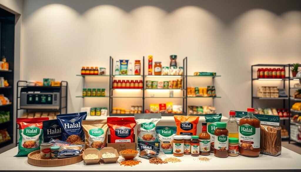 A vibrant and well-designed halal product display, showcasing a variety of halal-certified food items. The foreground features various packaged goods such as snacks, spices, and condiments, artfully arranged on a clean, minimalist table. The middle ground depicts a modern, sleek shelf system displaying additional halal products, complemented by warm, directional lighting that casts a soft glow. The background is a clean, neutral-toned wall, allowing the products to take center stage and emphasize their halal certification. The overall atmosphere conveys a sense of quality, authenticity, and attention to detail, reflecting the importance of halal branding and marketing to the Muslim consumer market.