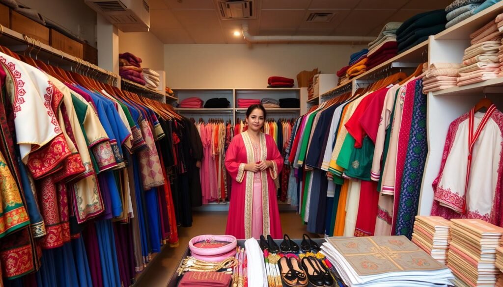 A well-organized rental costume shop, with a vibrant and inviting atmosphere. Rows of traditional garments, meticulously arranged by style and size, await customers. Soft, directional lighting casts a warm glow, highlighting the intricate embroidery and vibrant colors of the costumes. In the foreground, a display of carefully maintained accessories, such as headpieces and jewelry, completes the ensemble. The middle ground showcases a professional attendant, dressed in a complementary traditional outfit, assisting a customer in selecting the perfect costume. The background features a clean, organized storage area, where fresh, neatly folded costumes are ready for the next rental. An atmosphere of care, attention to detail, and a commitment to preserving cultural heritage permeates the scene. A well-organized rental costume shop, with a vibrant and inviting atmosphere. Rows of traditional garments, meticulously arranged by style and size, await customers. Soft, directional lighting casts a warm glow, highlighting the intricate embroidery and vibrant colors of the costumes. In the foreground, a display of carefully maintained accessories, such as headpieces and jewelry, completes the ensemble. The middle ground showcases a professional attendant, dressed in a complementary traditional outfit, assisting a customer in selecting the perfect costume. The background features a clean, organized storage area, where fresh, neatly folded costumes are ready for the next rental. An atmosphere of care, attention to detail, and a commitment to preserving cultural heritage permeates the scene.