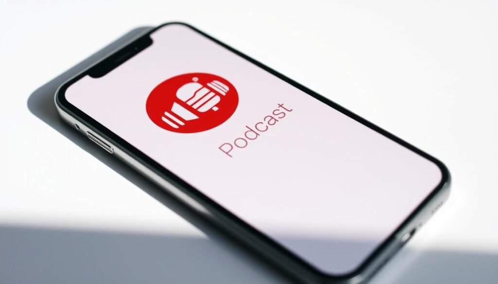 A beautifully rendered image of the Apple Podcasts app interface, displayed on a sleek silver iPhone against a minimalist white background. The app's distinctive logo and user interface elements are captured in vivid detail, showcasing the elegant and intuitive design. The screen is illuminated by natural lighting, casting subtle shadows and highlights that add depth and realism to the scene. The overall composition is balanced and visually striking, perfectly capturing the essence of the Apple Podcasts platform.