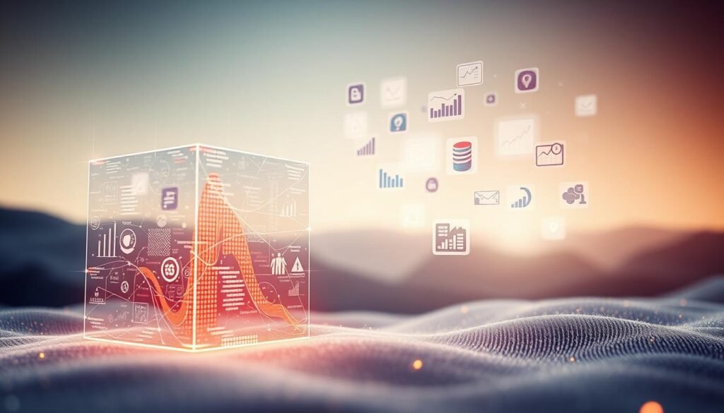 A digital landscape featuring metadata icons and visualizations. In the foreground, a glowing three-dimensional data cube with abstract data patterns and streams of information. In the middle ground, floating data visualizations such as charts, graphs, and infographics. In the background, a gradient of soft, ethereal hues, conveying a sense of depth and digital ambiance. Subtle lighting and depth of field create a visually captivating and modern aesthetic, highlighting the importance and complexity of metadata in digital content optimization.