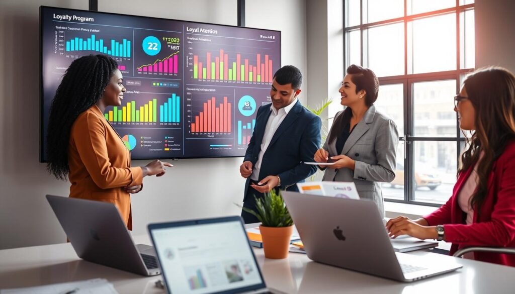 A dynamic and modern office environment focused on analytics for a loyalty program. In the foreground, a professional team of three diverse individuals—one Black woman, one Asian man, and one Hispanic woman—are engaged in a discussion while analyzing data on a large, interactive screen displaying colorful graphs and metrics related to customer retention. In the middle ground, sleek desks with laptops, charts, and a loyalty points brochure are visible, emphasizing a tech-savvy atmosphere. The background features large windows letting in bright, natural light, creating an optimistic mood. The color palette is vibrant yet professional. Capture the teamwork and enthusiasm as they strategize to enhance the loyalty program's success. Use a slightly elevated angle for depth.