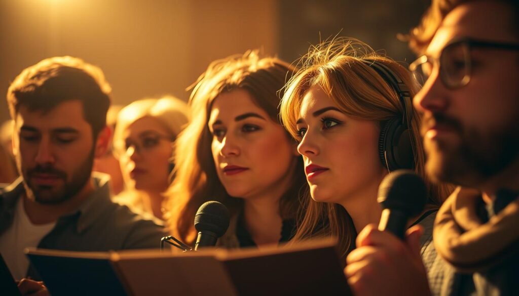 A group of listeners intently focused on a podcast, their expressions rapt with attention. The scene is bathed in warm, golden light, creating a cozy, intimate atmosphere. The listeners are framed against a softly blurred background, drawing the eye to their faces and the intensity of their engagement. The composition is balanced and visually compelling, with a sense of depth and dimensionality. The overall mood is one of attentiveness, curiosity, and the power of audio storytelling to captivate an audience.