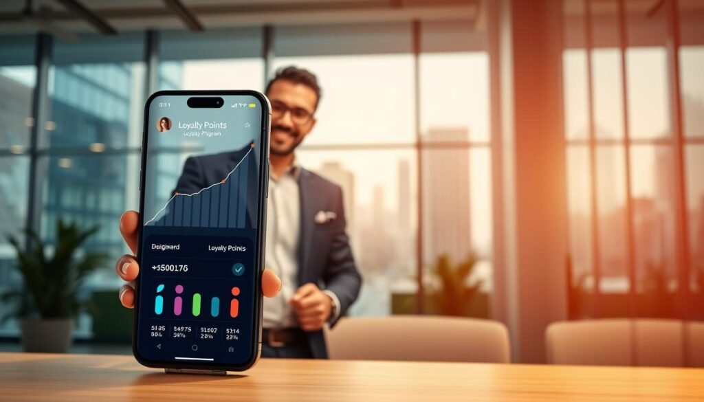 A modern, sleek digital interface depicting a loyalty program for an e-commerce application. In the foreground, a smartphone displays an elegant loyalty points dashboard, showcasing a rising graph and colorful point icons. In the middle ground, a confident professional in smart casual attire interacts with the phone, symbolizing delighted users engaging with the loyalty program. The background features a contemporary office setting with soft, diffused lighting that enhances a productive atmosphere. Large windows reveal a bustling cityscape outside, suggesting innovation and progress. The overall mood is optimistic and technologically advanced, emphasizing growth and customer satisfaction in online shopping.