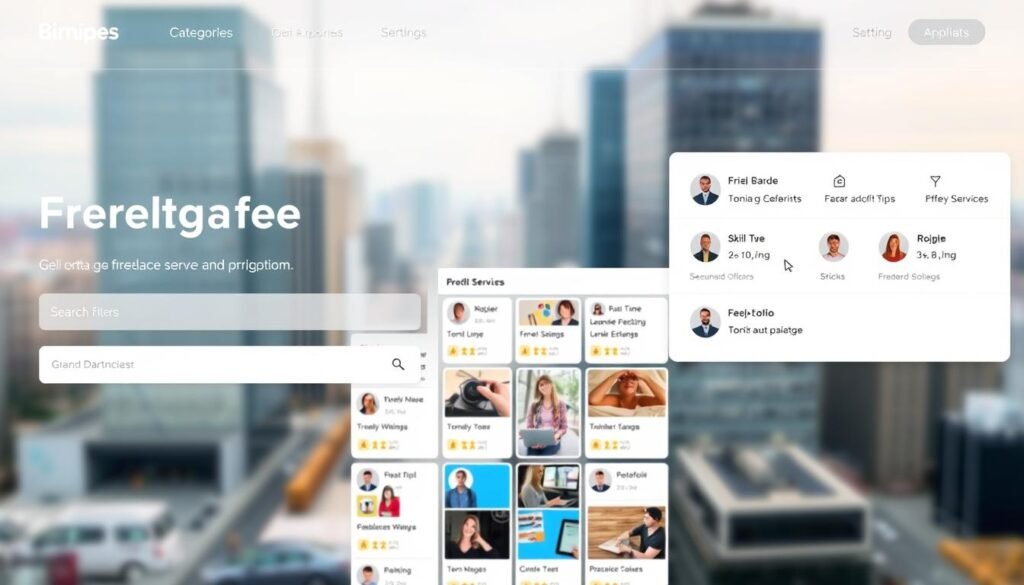 A modern, sleek platform interface showcasing various freelance service categories and opportunities. In the foreground, a minimalist search bar and filters allow users to easily navigate the diverse freelance landscape. The middle ground depicts a grid of freelancer profiles, each with their skills, ratings, and portfolio samples. In the background, a blurred city skyline sets the scene, hinting at the global reach and possibilities of this freelance platform. The lighting is soft and diffused, creating a professional, polished atmosphere. The overall composition conveys a sense of opportunity, connectivity, and the empowerment of the gig economy. A modern, sleek platform interface showcasing various freelance service categories and opportunities. In the foreground, a minimalist search bar and filters allow users to easily navigate the diverse freelance landscape. The middle ground depicts a grid of freelancer profiles, each with their skills, ratings, and portfolio samples. In the background, a blurred city skyline sets the scene, hinting at the global reach and possibilities of this freelance platform. The lighting is soft and diffused, creating a professional, polished atmosphere. The overall composition conveys a sense of opportunity, connectivity, and the empowerment of the gig economy.