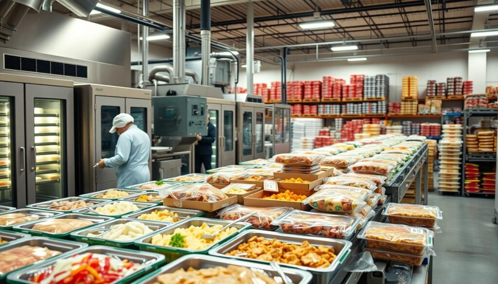 A modern, well-equipped frozen food production facility. In the foreground, workers carefully package an assortment of frozen meals and snacks, showcasing the precision and care taken in the process. The middle ground features advanced machinery and equipment, including blast freezers and automated packaging lines, demonstrating the strategic use of technology to optimize efficiency. In the background, a clean, well-lit warehouse setting with rows of neatly stacked frozen food products, conveying a sense of organization and inventory management. Warm, neutral lighting illuminates the scene, creating a professional and inviting atmosphere. The overall image conveys a strategic, cost-effective approach to frozen food production, prioritizing quality, efficiency, and optimization.