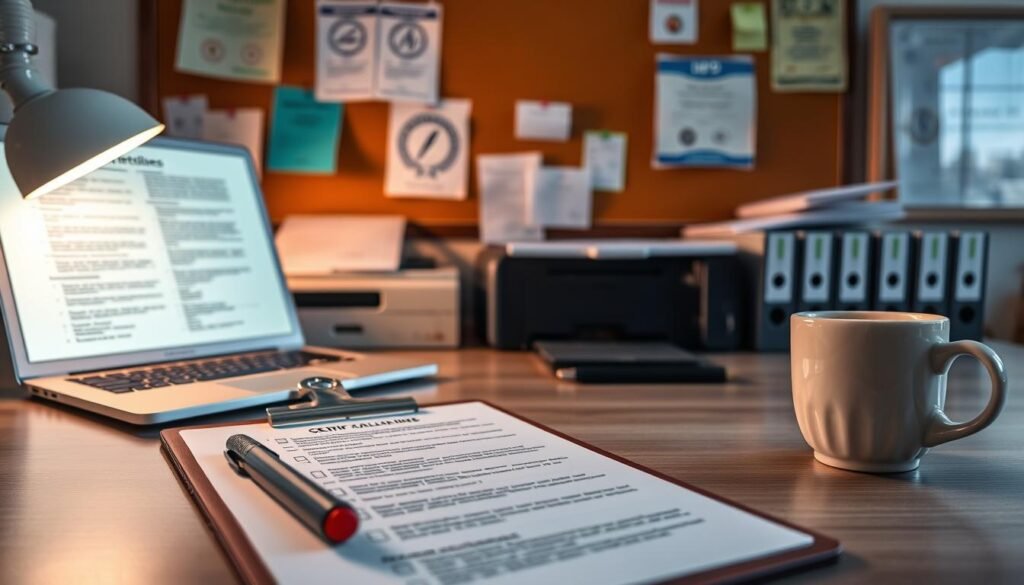 A neatly organized office desk, illuminated by soft, warm lighting, showcases the essential tools for maintaining standard operating procedures (SOPs) in a frozen food business. In the foreground, a clipboard with checklists and guidelines sits alongside a pen, highlighter, and a cup of freshly brewed coffee. In the middle ground, a laptop displays digital versions of the SOPs, while a desktop printer and a file organizer hint at the meticulous record-keeping required. The background features a corkboard adorned with notes, reminders, and certifications, conveying a sense of professionalism and attention to detail essential for the efficient management of a frozen food operation. A neatly organized office desk, illuminated by soft, warm lighting, showcases the essential tools for maintaining standard operating procedures (SOPs) in a frozen food business. In the foreground, a clipboard with checklists and guidelines sits alongside a pen, highlighter, and a cup of freshly brewed coffee. In the middle ground, a laptop displays digital versions of the SOPs, while a desktop printer and a file organizer hint at the meticulous record-keeping required. The background features a corkboard adorned with notes, reminders, and certifications, conveying a sense of professionalism and attention to detail essential for the efficient management of a frozen food operation.
