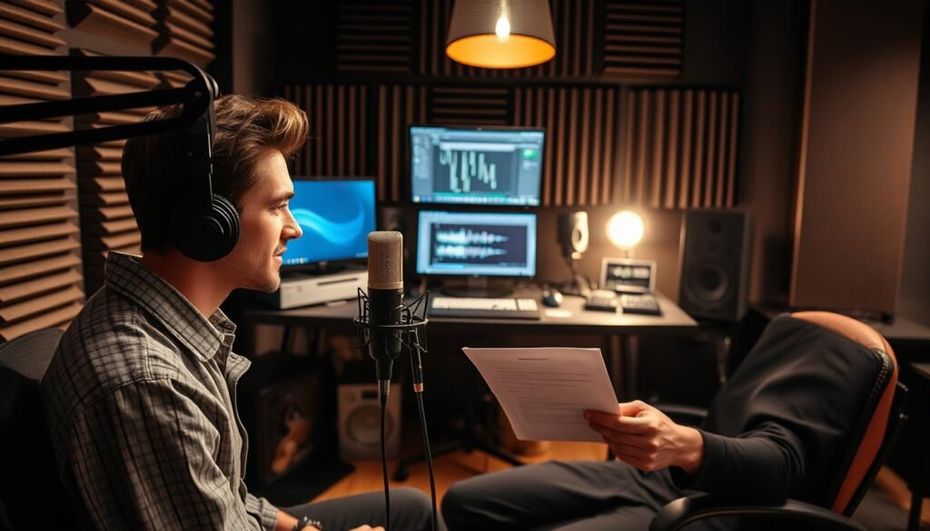 A professional recording studio setup with a high-end microphone, audio interface, and soundproofed workspace. In the foreground, an actor or voice-over artist sits poised before the mic, script in hand, ready to bring the words to life. Lighting casts a warm, focused glow, accentuating the concentration on their face. In the middle ground, the workspace is meticulously organized, with a computer monitor displaying audio editing software, and various sound engineering tools at the ready. The background showcases the soundproofed environment, with acoustic panels lining the walls to ensure pristine audio quality. The overall scene conveys a sense of professionalism, efficiency, and the pursuit of audio perfection. A professional recording studio setup with a high-end microphone, audio interface, and soundproofed workspace. In the foreground, an actor or voice-over artist sits poised before the mic, script in hand, ready to bring the words to life. Lighting casts a warm, focused glow, accentuating the concentration on their face. In the middle ground, the workspace is meticulously organized, with a computer monitor displaying audio editing software, and various sound engineering tools at the ready. The background showcases the soundproofed environment, with acoustic panels lining the walls to ensure pristine audio quality. The overall scene conveys a sense of professionalism, efficiency, and the pursuit of audio perfection.