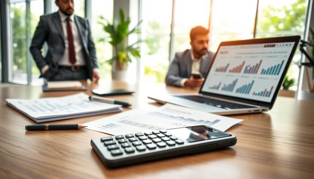 A professional workspace featuring a large, modern desk with a laptop, financial analysis documents, and an iPhone prominently displayed. In the foreground, focus on a calculator and a notebook filled with calculations related to ROI for rental services. In the middle ground, a diverse group of two business professionals—one wearing a tailored suit and the other in smart casual attire—are engaged in a discussion, looking at graphs and charts on the laptop screen, emphasizing investment and growth. In the background, a bright, airy office space with large windows letting in natural light, greenery visible outside, creating an optimistic and productive atmosphere. The overall mood is focused and analytical, highlighting the importance of assessing ROI in a rental business. A professional workspace featuring a large, modern desk with a laptop, financial analysis documents, and an iPhone prominently displayed. In the foreground, focus on a calculator and a notebook filled with calculations related to ROI for rental services. In the middle ground, a diverse group of two business professionals—one wearing a tailored suit and the other in smart casual attire—are engaged in a discussion, looking at graphs and charts on the laptop screen, emphasizing investment and growth. In the background, a bright, airy office space with large windows letting in natural light, greenery visible outside, creating an optimistic and productive atmosphere. The overall mood is focused and analytical, highlighting the importance of assessing ROI in a rental business.