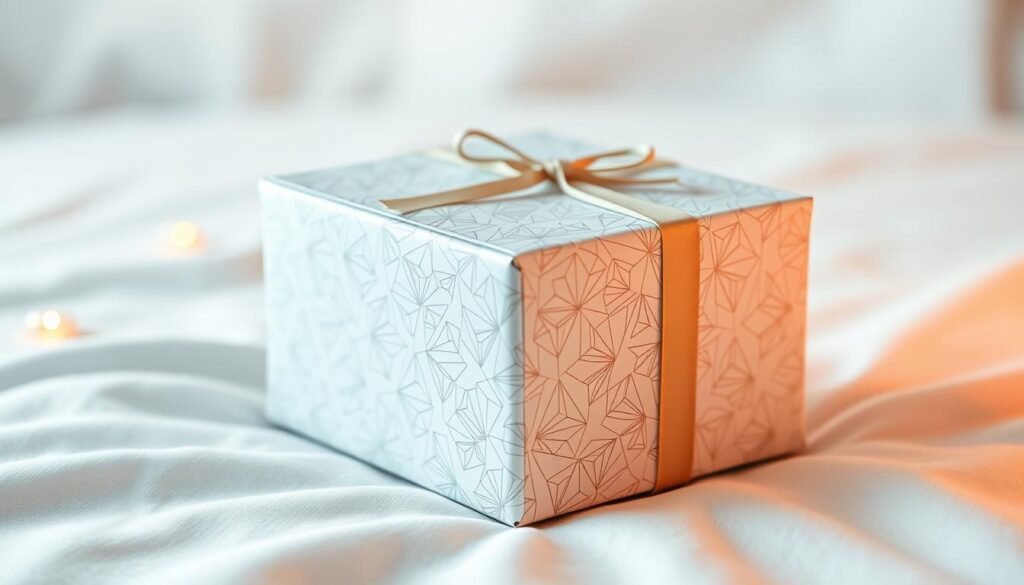 A sleek, modern gift box resting on a minimalist white surface, its sides adorned with intricate geometric patterns inspired by social media. Soft, warm lighting casts a cozy glow, highlighting the box's premium materials and attention to detail. The composition emphasizes the gift box as the central focus, conveying a sense of aspirational elegance and social media-driven marketing. The background is subtly blurred, drawing the viewer's eye to the carefully curated product presentation. A sleek, modern gift box resting on a minimalist white surface, its sides adorned with intricate geometric patterns inspired by social media. Soft, warm lighting casts a cozy glow, highlighting the box's premium materials and attention to detail. The composition emphasizes the gift box as the central focus, conveying a sense of aspirational elegance and social media-driven marketing. The background is subtly blurred, drawing the viewer's eye to the carefully curated product presentation.
