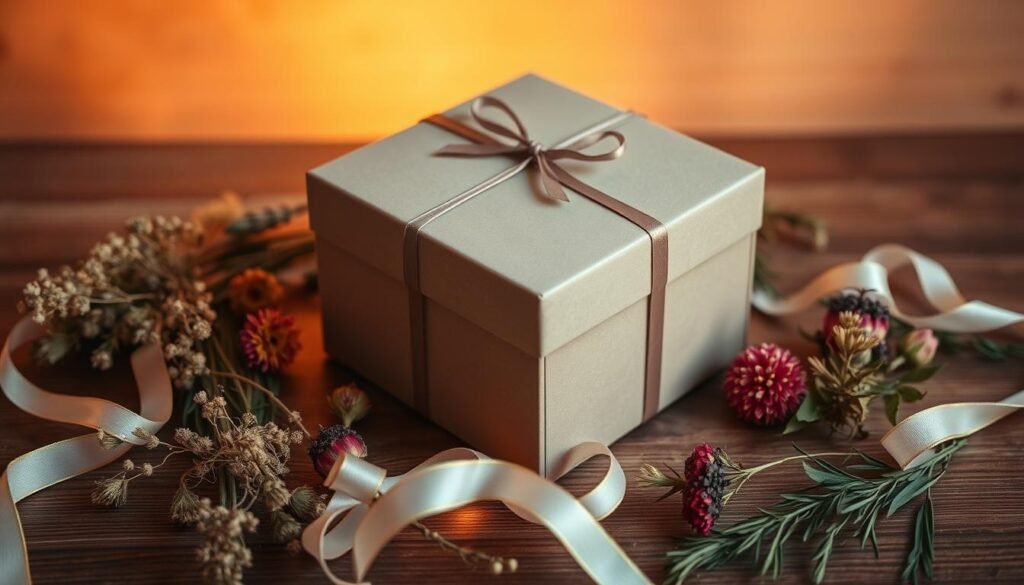 A sophisticated, elegantly designed gift box sits atop a wooden surface, illuminated by warm, diffused lighting. The box features a minimalist, refined exterior with clean lines and a muted color palette, hinting at the carefully curated contents within. Surrounding the box are an assortment of natural, high-quality materials such as dried florals, sprigs of greenery, and delicate ribbons, creating a visually striking and tactile arrangement. The scene exudes a sense of artisanal craftsmanship, attention to detail, and an overall aesthetic that embodies the notion of thoughtful, personalized gift-giving. A sophisticated, elegantly designed gift box sits atop a wooden surface, illuminated by warm, diffused lighting. The box features a minimalist, refined exterior with clean lines and a muted color palette, hinting at the carefully curated contents within. Surrounding the box are an assortment of natural, high-quality materials such as dried florals, sprigs of greenery, and delicate ribbons, creating a visually striking and tactile arrangement. The scene exudes a sense of artisanal craftsmanship, attention to detail, and an overall aesthetic that embodies the notion of thoughtful, personalized gift-giving.