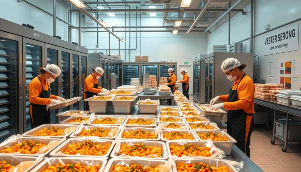 A streamlined frozen food production facility, showcasing an efficient workflow and cost-effective marketing strategies. In the foreground, a team of workers expertly package and seal delectable frozen dishes, their movements choreographed for maximum productivity. In the middle ground, state-of-the-art freezing equipment and storage units maintain the perfect temperature, ensuring the freshness and quality of the products. The background depicts a minimalist, well-organized warehouse with strategically placed signage and branding, reflecting a focus on cost-optimization. The scene is bathed in a soft, warm lighting that emphasizes the harmonious integration of technology, process, and marketing, creating an atmosphere of a thriving, sustainable frozen food business.