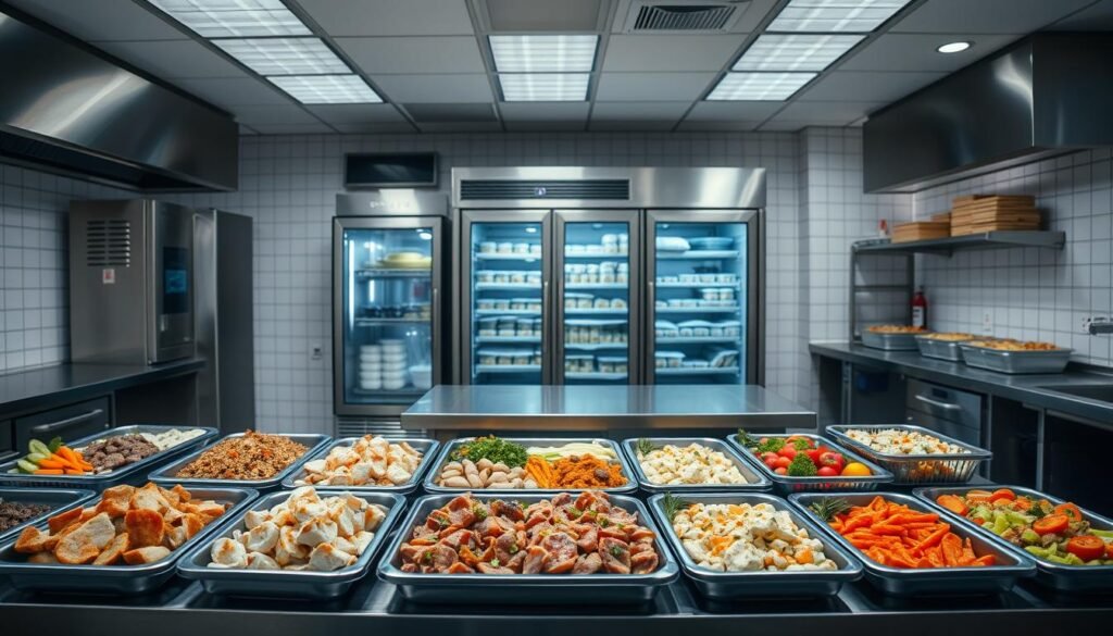 A well-lit commercial kitchen with stainless steel appliances and a center island. In the foreground, various frozen food products are arranged neatly on the counter, including trays of pre-portioned meat, seafood, and vegetable-based meals. The middle ground features a commercial-grade freezer unit, its glass door revealing rows of frozen items. The background showcases the kitchen's tiled walls and floor, with ample lighting creating a clean, professional atmosphere. The overall scene conveys the operational aspects of a thriving frozen food business, emphasizing the hidden costs associated with maintaining such a facility.