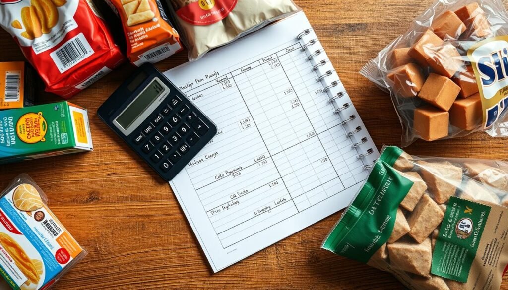 A well-lit, detailed image of a calculator, accounting ledger, and various frozen food packaging on a wooden table. The calculator displays a calculation, with numbers and currency symbols. The ledger has neatly organized columns for tracking costs, quantities, and profit margins. The frozen food items, such as boxes and bags, are arranged around the ledger and calculator, showcasing their diverse shapes, sizes, and branding. The image conveys a sense of methodical analysis and financial oversight in the frozen food business, reflecting the process of calculating the true cost per product.