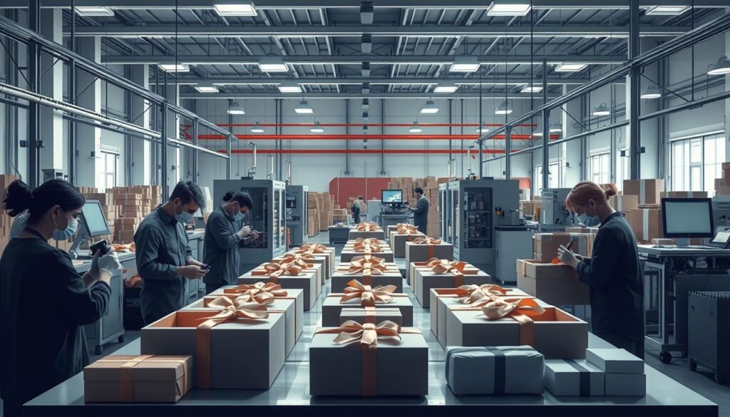 A well-organized modern gift box production facility. The foreground shows a team of skilled workers carefully assembling and quality-checking personalized gift boxes, using specialized tools and attention to detail. The middle ground depicts automated packaging and shipping stations, ensuring efficient and reliable order fulfillment. In the background, a bright, clean workshop space with ample natural lighting, showcasing a streamlined production workflow. The atmosphere conveys a sense of precision, organization, and a relentless focus on delivering high-quality, custom-made products to customers. Rendered in a realistic, detailed style with a balanced composition and muted color palette. A well-organized modern gift box production facility. The foreground shows a team of skilled workers carefully assembling and quality-checking personalized gift boxes, using specialized tools and attention to detail. The middle ground depicts automated packaging and shipping stations, ensuring efficient and reliable order fulfillment. In the background, a bright, clean workshop space with ample natural lighting, showcasing a streamlined production workflow. The atmosphere conveys a sense of precision, organization, and a relentless focus on delivering high-quality, custom-made products to customers. Rendered in a realistic, detailed style with a balanced composition and muted color palette.