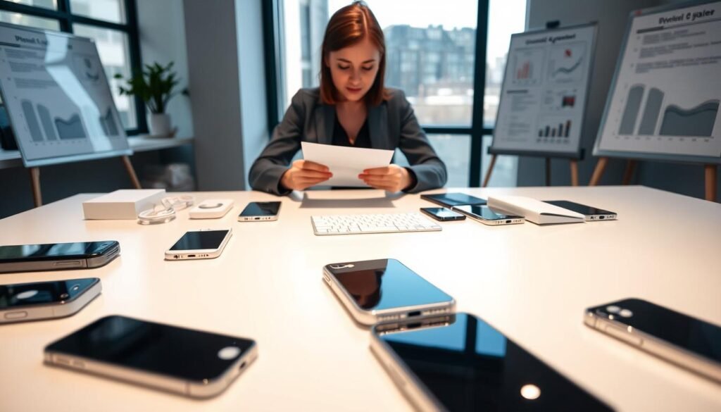 A well-organized workspace featuring various iPhones available for rental, prominently displayed on a sleek, modern table. In the foreground, a professional-looking woman in smart business attire is carefully examining a rental agreement, surrounded by neatly arranged accessories like phone cases and charging cables. The middle ground portrays a stylish office environment with a background of a large window letting in soft, natural light, enhancing the professional atmosphere. On a nearby wall, a whiteboard with graphs and notes illustrating operational tips for iPhone rental management can be partially seen. The scene captures a productive, focused mood, showcasing the essence of managing an iPhone rental business, with a clean and inviting aesthetic. The angle is slightly elevated to encompass all elements harmoniously. A well-organized workspace featuring various iPhones available for rental, prominently displayed on a sleek, modern table. In the foreground, a professional-looking woman in smart business attire is carefully examining a rental agreement, surrounded by neatly arranged accessories like phone cases and charging cables. The middle ground portrays a stylish office environment with a background of a large window letting in soft, natural light, enhancing the professional atmosphere. On a nearby wall, a whiteboard with graphs and notes illustrating operational tips for iPhone rental management can be partially seen. The scene captures a productive, focused mood, showcasing the essence of managing an iPhone rental business, with a clean and inviting aesthetic. The angle is slightly elevated to encompass all elements harmoniously.
