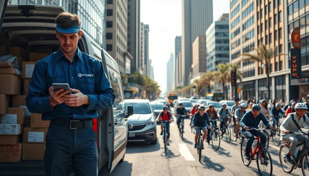 A bustling urban environment showcasing the challenges of last-mile delivery. In the foreground, a delivery person in a professional blue uniform, checking a smartphone with a look of concentration, stands next to a delivery van overflowing with packages. The middle ground depicts a busy street filled with cyclists and pedestrians, some navigating through traffic while others are waiting. In the background, tall buildings loom under a bright, clear sky, with a hint of clouds suggesting a potential rain. The scene is illuminated by soft sunlight, enhancing the vibrant colors of the setting. The mood is dynamic and tense, capturing the urgency of last-mile delivery logistics in a growing e-commerce landscape.
