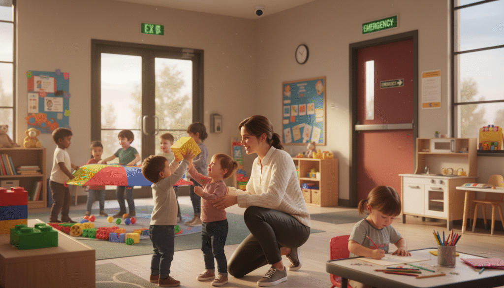 A daycare security protocol scene, featuring a friendly and professional caretaker observing children playing in a safe environment. In the foreground, a dedicated staff member in smart casual attire monitors the activities, interacting with children engaged in creative play. The middle ground shows kids enjoying structured games and activities, with colorful toys and learning materials. In the background, visible safety features like secure entry points, surveillance cameras, and emergency exits are subtly integrated. The lighting is warm and inviting, creating a comforting atmosphere that emphasizes safety and comfort. The image should have a balanced composition, focusing on the nurturing environment of the daycare with a sense of vigilance and care.