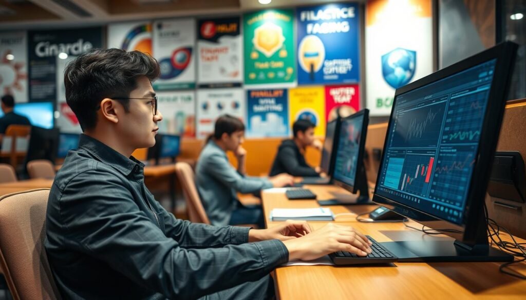 A focused scene inside a cyber café, showcasing a finance management setup. In the foreground, a young man in smart casual attire is seated at a modern computer, analyzing cash flow graphs and financial data on the screen. He appears engaged and thoughtful, with notes and a calculator beside him. In the middle ground, other patrons are quietly working on their computers, some discussing strategies in small groups. The background features a vibrant display of colorful posters about internet services and financial tips. Soft, warm lighting illuminates the space, creating a productive atmosphere. Use a slight depth of field to emphasize the man in the foreground while softly blurring the background action, evoking a sense of focus and professionalism in financial management.