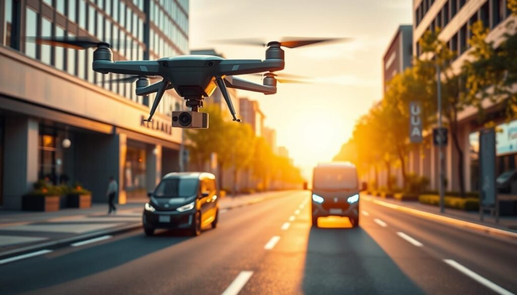 A futuristic last-mile delivery scene showcasing the integration of advanced technology. In the foreground, a sleek, autonomous delivery drone hovers above a smart city street, ready to drop off a package. In the middle ground, a stylish, electric delivery vehicle navigates a wide avenue with vibrant greenery lining the sides. Smart sensors and digital signage are visible on buildings, highlighting a seamlessly connected urban environment. In the background, a setting sun bathes the scene in warm, golden light, casting long shadows and creating a hopeful, dynamic atmosphere. The overall mood is innovative and efficient, reflecting a bright future for e-commerce delivery. The image is devoid of any text or branding, focusing purely on the technological elements.