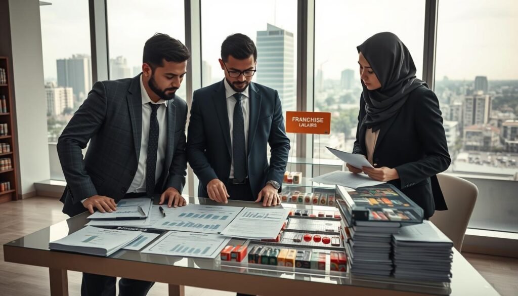 A professional business setting featuring a modern minimarket designed for a franchise investment analysis. In the foreground, a diverse group of three individuals in business attire—two men and one woman—are discussing over a table filled with charts and financial documents related to a franchise plan with a 500 million IDR investment. The middle ground showcases an articulated minimarket layout with shelves stocked with a variety of products, clearly displaying the potential of the franchise. Light floods the scene from large windows, creating a bright, inviting atmosphere. The background consists of a cityscape visible through the windows, symbolizing growth and opportunity. The overall mood is analytical and optimistic, emphasizing investment potential and strategic planning.