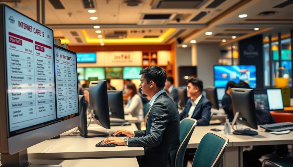 A strategic pricing visual for an internet café setting. In the foreground, display a sleek, modern computer station with a well-organized pricing board featuring various service packages prominently highlighted. In the middle, illustrate customers engaged in using the computers, showcasing a diverse group of individuals in professional business attire, deeply focused on their screens. The backdrop should feature a bright, inviting interior of the café with warm lighting, perhaps showing other areas with seating and vibrant decor. The atmosphere is lively yet productive, capturing the essence of a bustling workspace. Use a wide-angle lens to encompass the entire scene, ensuring a balanced composition that conveys a sense of community and efficiency.