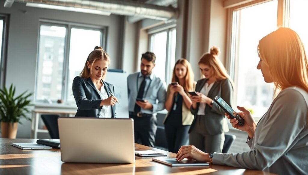 A vibrant, professional office setting showcasing a diverse group of business professionals collaborating on social media marketing strategies. In the foreground, a focused woman in smart casual attire is analyzing analytics on a laptop, with graphs and charts on the screen displaying upward trends. In the middle, a man in business attire is writing ideas on a whiteboard, while two colleagues are discussing social media posts on their smartphones, emphasizing engagement and branding. The background features large windows with natural light illuminating the room, creating an energetic and inspiring atmosphere. Soft shadows and a warm color palette enhance the professional yet inviting mood of the workspace, suggesting effective collaboration and creativity in increasing sales through social media.