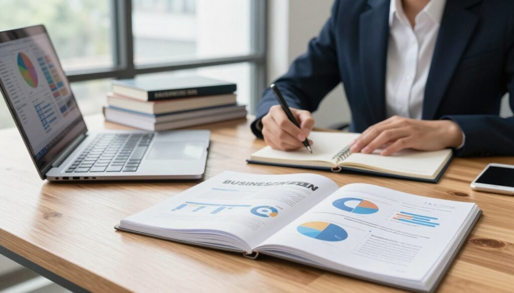 A clear and concise image depicting a simple business plan. In the foreground, a wooden table features a neatly arranged open business plan document with graphs, charts, and bullet points on crisp white pages. Beside it, a laptop with business analysis software is open, displaying colorful visuals. In the middle ground, a few stacks of business books provide context, while a professional individual in smart business attire (a blazer and shirt) is engaged in deep thought, jotting down notes on a pad. The background displays a bright, modern office environment with large windows allowing natural light to illuminate the scene. The atmosphere is focused and productive, conveying an air of professionalism and creativity, perfect for inspiring effective business planning. A clear and concise image depicting a simple business plan. In the foreground, a wooden table features a neatly arranged open business plan document with graphs, charts, and bullet points on crisp white pages. Beside it, a laptop with business analysis software is open, displaying colorful visuals. In the middle ground, a few stacks of business books provide context, while a professional individual in smart business attire (a blazer and shirt) is engaged in deep thought, jotting down notes on a pad. The background displays a bright, modern office environment with large windows allowing natural light to illuminate the scene. The atmosphere is focused and productive, conveying an air of professionalism and creativity, perfect for inspiring effective business planning.