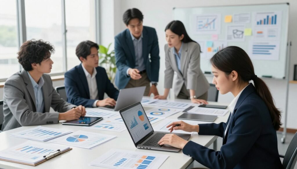 A professional office setting featuring a diverse group of business individuals engaged in market research and competitor analysis. In the foreground, a focused woman in professional attire is analyzing data on a laptop, surrounded by charts and graphs. The middle ground showcases a large table cluttered with documents, market reports, and a digital tablet displaying trends, while colleagues, both men and women in business attire, discuss insights eagerly. The background includes a large whiteboard filled with notes and diagrams. Soft, natural light streams through large windows, creating an inspiring atmosphere of collaboration and strategic planning. The image captures a sense of determination and professionalism, emphasizing the importance of research and analysis in the business planning process. A professional office setting featuring a diverse group of business individuals engaged in market research and competitor analysis. In the foreground, a focused woman in professional attire is analyzing data on a laptop, surrounded by charts and graphs. The middle ground showcases a large table cluttered with documents, market reports, and a digital tablet displaying trends, while colleagues, both men and women in business attire, discuss insights eagerly. The background includes a large whiteboard filled with notes and diagrams. Soft, natural light streams through large windows, creating an inspiring atmosphere of collaboration and strategic planning. The image captures a sense of determination and professionalism, emphasizing the importance of research and analysis in the business planning process.