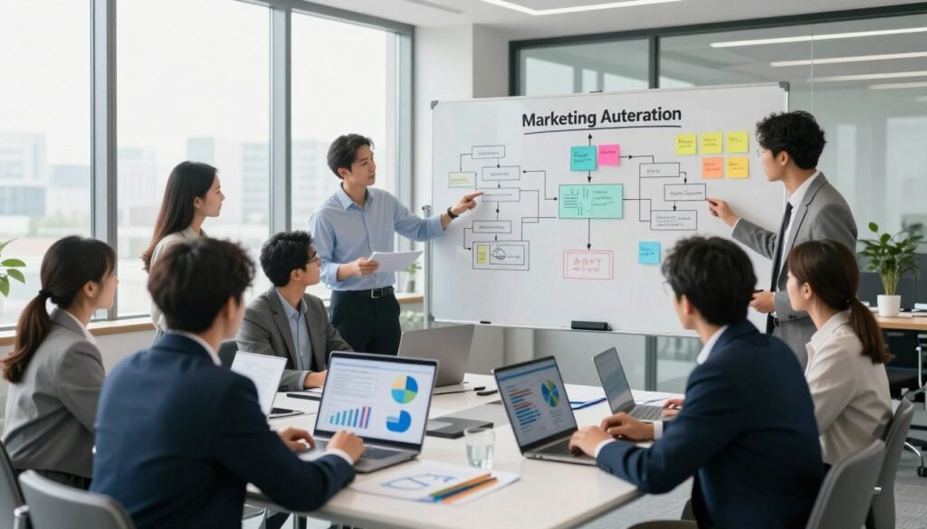 A professional office setting showcasing the initial steps of an effective marketing automation strategy. In the foreground, a diverse group of business professionals in business attire are collaborating around a modern conference table, analyzing charts and digital devices. In the middle ground, a large whiteboard filled with strategic plans and flowcharts illustrates the concept of marketing automation, with colorful sticky notes and diagrams. The background features floor-to-ceiling windows with natural light streaming in, creating an optimistic and dynamic atmosphere. The lighting is bright and inviting, emphasizing teamwork and innovation. Use a wide-angle lens for a comprehensive view that captures the energy and professionalism of the scene, symbolizing growth and strategic planning in small business marketing automation.