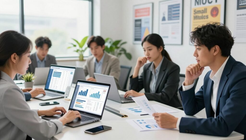 A visually engaging office setting showcasing the benefits of marketing automation for small businesses. In the foreground, a diverse group of professionals in business attire, including a focused woman analyzing data on a laptop and a thoughtful man reviewing marketing strategies on paper. In the middle ground, a modern meeting table with digital devices displaying marketing automation dashboards, charts, and graphs. The background features a bright, open office space with motivational posters, plants, and large windows allowing natural light to stream in, creating a fresh and inspiring atmosphere. Capture a sense of collaboration and innovation, highlighting the positive impact of technology on business growth without any text or distractions.